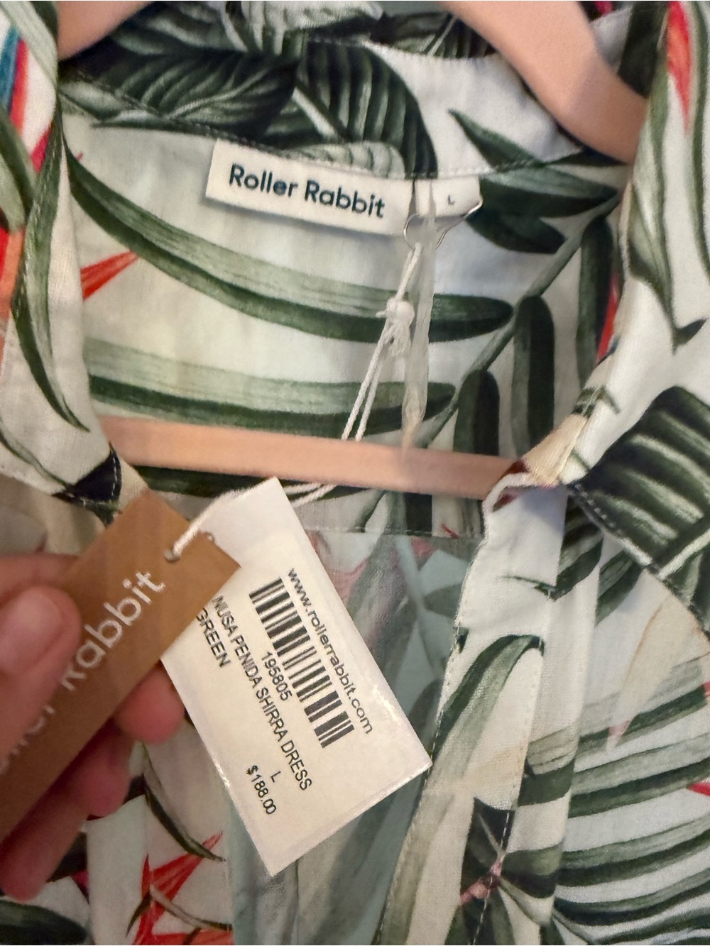 Roller Rabbit White Dress with Green Tropical Leaf Print and Red Accents